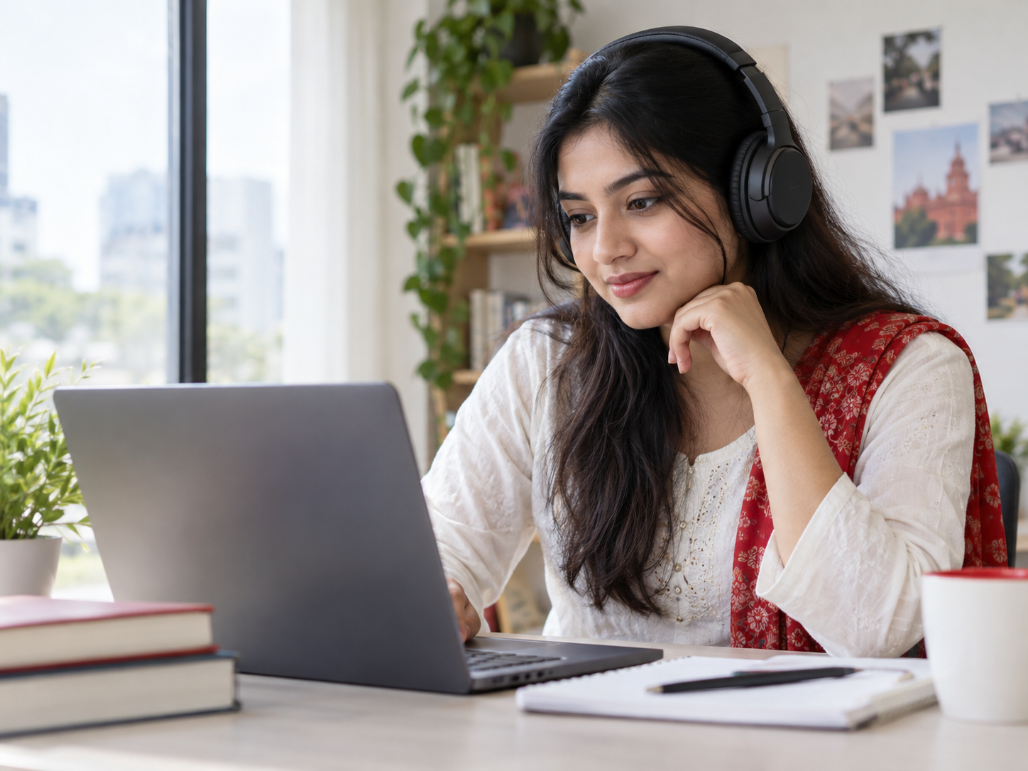 A student practising at a laptop with headphones in a bright study space